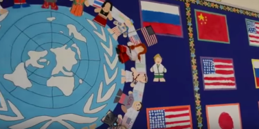Wall display in the elementary school celebrating UN Day.