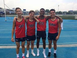 Juniors Jack Luba and Travis Eden and seniors Liam Dunn and Robert Moritz pose for a photo at Jakarta Intercultural School after breaking the 4x100 school record this weekend.